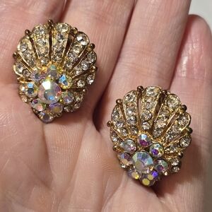 Vintage Craft Clip On Earrings Studded With Aurora Borealis Rhinestones
